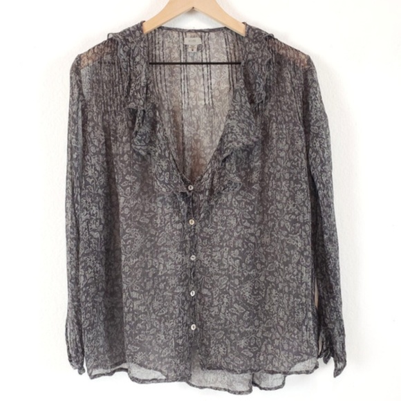 Ecote Long Sleeve Sheer Blouse Ruffle Neck Gray Top Button Down Work - Picture 1 of 7